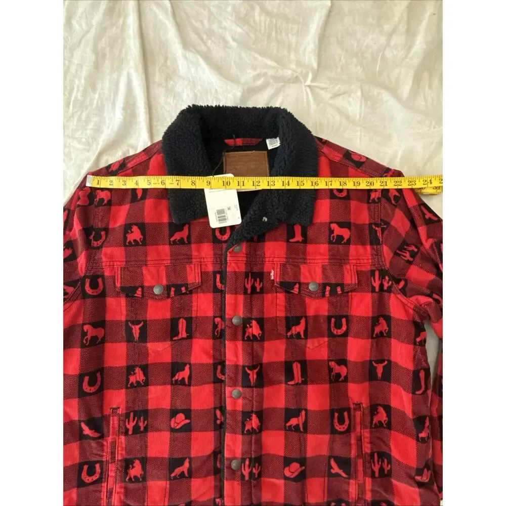 Levi’s Premium Sherpa Trucker Jacket XL Red Plaid Western Print New